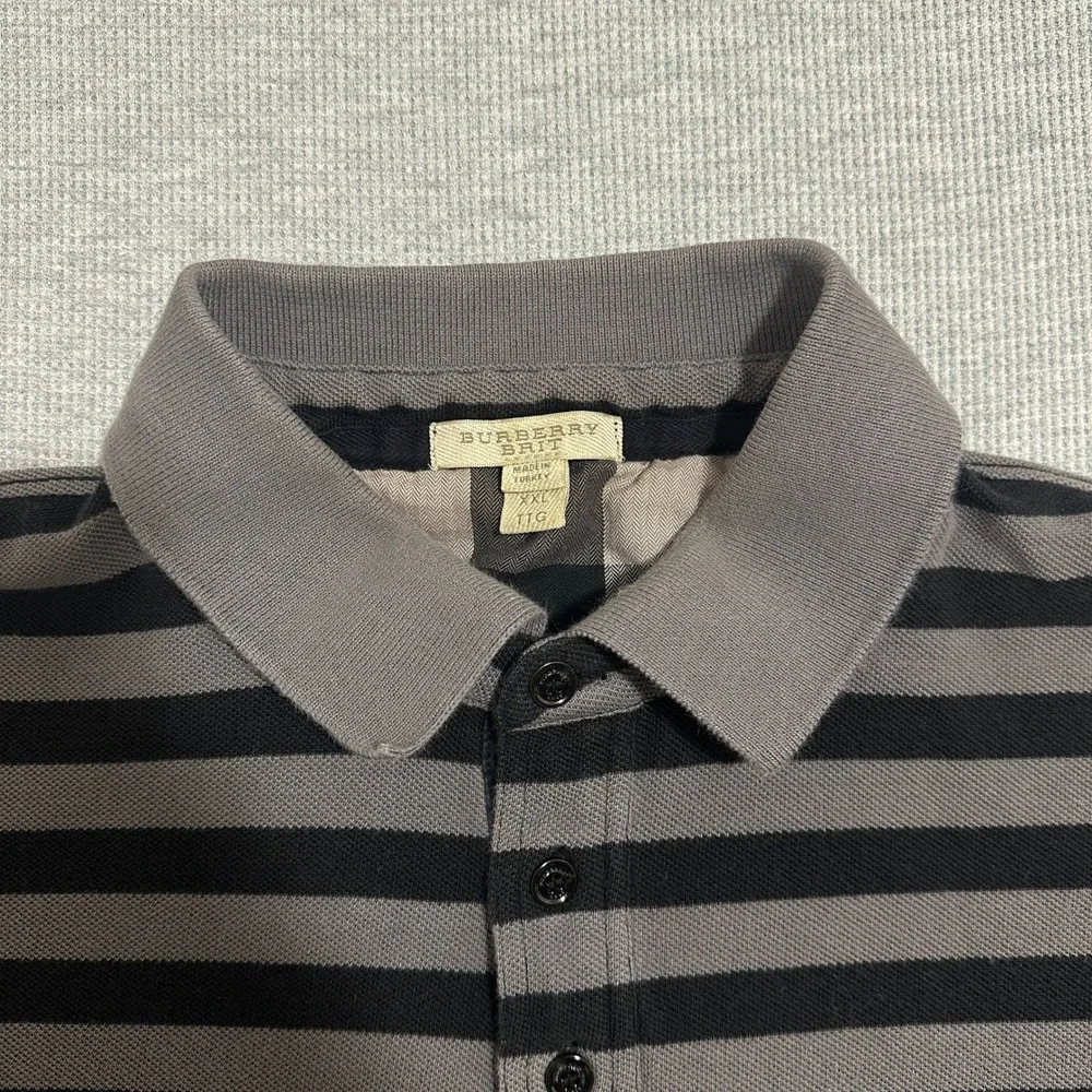 Burberry Brit Gray Black Striped Short Sleeve Polo Shirt Mens Size XXL